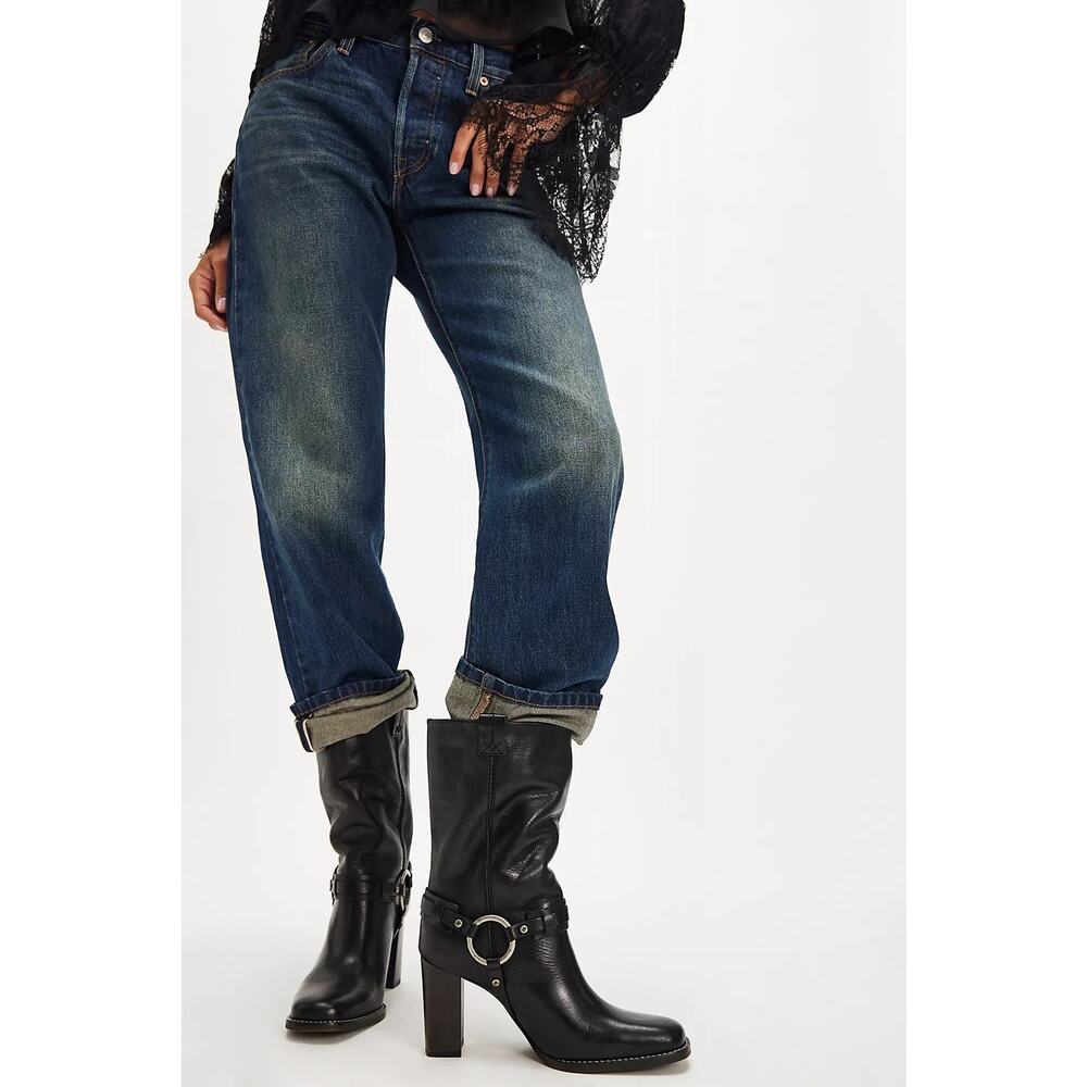 NEW Free People Blsck Leather Hayden Harness Heeled Boots Size 8.5 NWOT